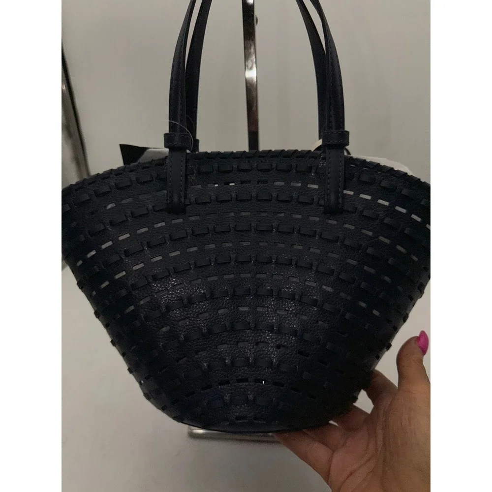 Kate Spade Dahlia Small Tote Parisian Navy Leather Woven Flower Bag KO471 NEW